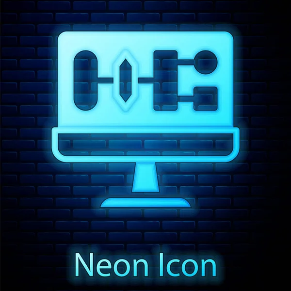Glödande neon Algoritm ikon isolerad på tegel vägg bakgrund. Algoritmsymboldesign från Artificiell Intelligens samling. Vektor — Stock vektor