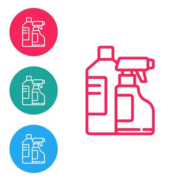 Botol-botol plastik garis merah untuk deterjen cuci, pemutih, cairan pencuci piring atau ikon agen pembersih lainnya yang diisolasi dengan latar belakang putih. Atur ikon dalam lingkaran tombol. Ilustrasi Vektor - Stok Vektor