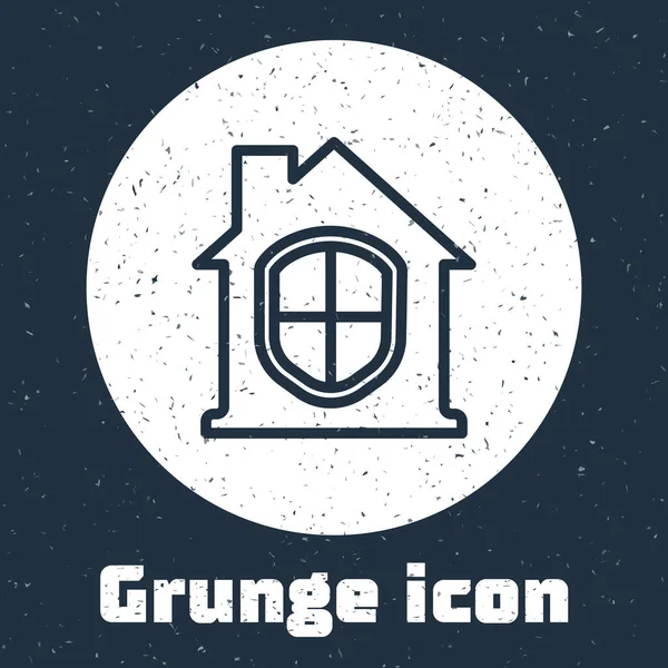 Grunge Line House unter Schutz Ikone isoliert auf grauem Hintergrund. Heimat und Schild. Schutz, Sicherheit, Sicherheit, Schutz, Verteidigungskonzept. Monochrome Vintage-Zeichnung. Vektor — Stockvektor