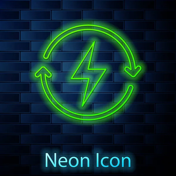 Glowing neon line Recharging icon isolated on brick wall background. Electric energy sign. Vector — Stock Vector