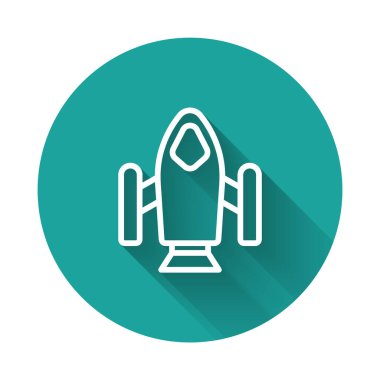 Beyaz çizgi roket ikonu uzun gölge arkaplan izole. Uzay yolculuğu. Yeşil daire düğmesi. Vektör