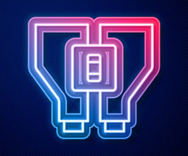 Parlayan neon hattı Dürbün simgesi mavi arkaplanda izole edildi. Yazılım işareti bul. Casus ekipman sembolü. Vektör