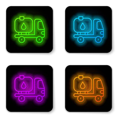 Parlayan neon hattı yakıt tankeri ikonu beyaz arka planda izole edildi. Benzin tankeri. Siyah kare düğme. Vektör
