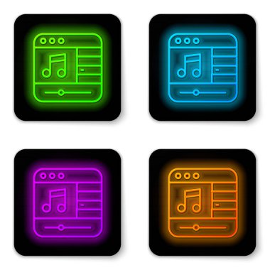 Parlayan neon hattı müzik çalar simgesi beyaz arkaplanda izole edildi. Taşınabilir müzik cihazı. Siyah kare düğme. Vektör