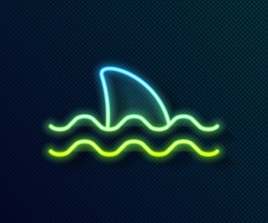 Okyanus dalgası ikonunda parlayan neon hattı köpekbalığı yüzgeci siyah arkaplanda izole edildi. Vektör