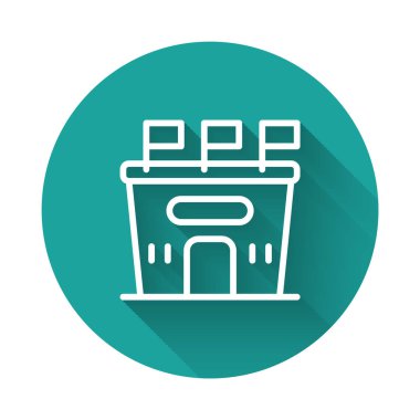 Uzun gölgeli beyaz çizgi futbol stadyumu ikonu. Futbol sahası. Yeşil daire düğmesi. Vektör