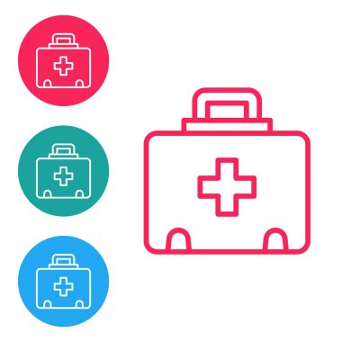Kırmızı çizgi ilk yardım çantası simgesi beyaz arkaplanda izole edildi. Haçlı sağlık kutusu. Acil durumlar için tıbbi ekipman. Sağlık sigortası konsepti. Simgeleri daire düğmelerine ayır. Vektör