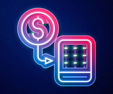 Parlayan neon hattı Casino çipleri mavi arka planda izole edilmiş dolar desteleri üzerinde değiş tokuş yapıyor. Vektör