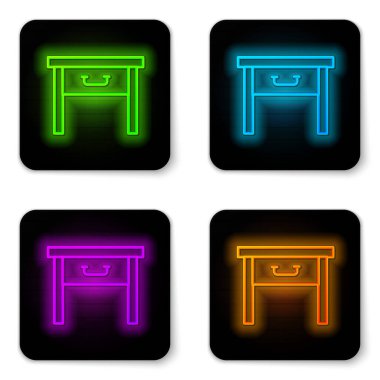 Parlayan neon hattı mobilya komodininin simgesi beyaz arkaplanda izole edildi. Siyah kare düğme. Vektör