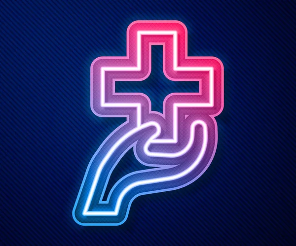 Leuchtendes neonfarbenes Herz mit einem Kreuzsymbol auf blauem Hintergrund. Erste Hilfe. Gesundheitswesen, Medizin und Apotheke Zeichen. Vektor — Stockvektor