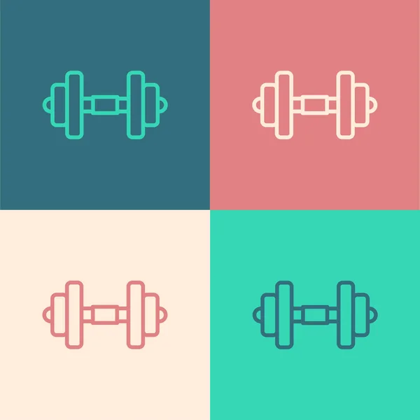 Pop art line Dumbbell ikona izolované na barevném pozadí. Svalové zvedání, fitness činky, sportovní vybavení. Vektor — Stockový vektor