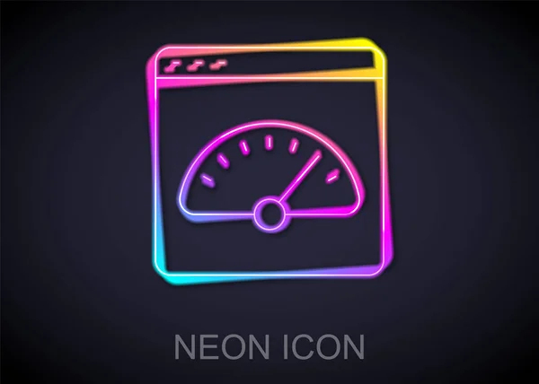 Gloeiende neon lijn Digitale snelheidsmeter pictogram geïsoleerd op zwarte achtergrond. Wereldwijd netwerk hoge snelheid verbinding datasnelheid technologie. Vector — Stockvector