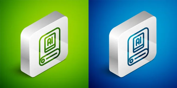 Isometric line Artificial intelligence AI icon isolated on green and blue background. Machine learning, cloud computing, automated support assistance and networks. Silver square button. Vector — Stock Vector