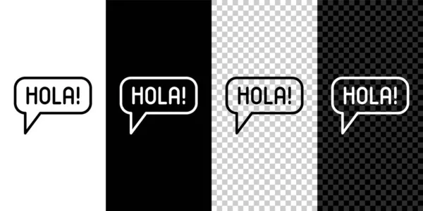 Установочная линия Hola на разных языках иконка выделена на черно-белом прозрачном фоне. Речевые пузыри. Вектор — стоковый вектор
