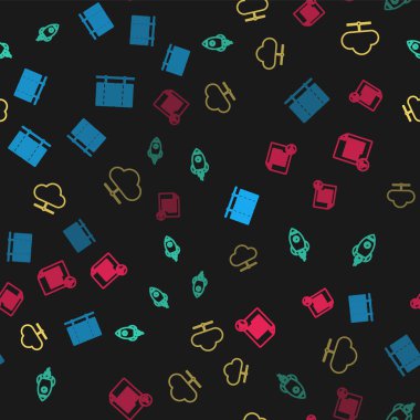 Satır Sunucusu, Data, Web Sunucusu, Ateşli Roket Gemisi, Ağ Bulutu bağlantısı ve kusursuz desen üzerine bilinmeyen belge ayarla. Vektör.