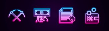 Çizgiyi aşmış kazma, kripto para birimi bitcoin devre, akıllı kontrat ve kazık kanıtı. Parlayan neon ikonu. Vektör.