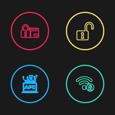 Bilgisayar arayüzünü ayarla, Wifi kilitlendi, kilidi aç ve ikonlu kredi kartını aç. Vektör.