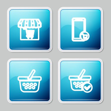 Market, alışveriş arabası, mobil ve alışveriş sepeti ve mark simgesiyle hazır olsun. Vektör.