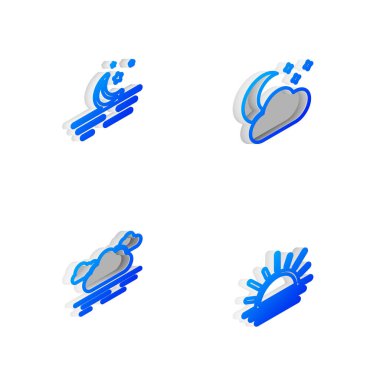 Isometric line Cloud 'u ay ve yıldızlarla, ay ve gün batımı simgesiyle ayarla. Vektör.