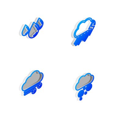 Isometric hattını yağmur, şimşek, su damlası, rüzgarlı hava ve kar ikonu ile ayarla. Vektör.