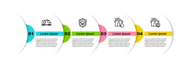 Acil durum arabası, kalkanlı mezuniyet şapkası, yanan evde sel ve yangın. Ticari bilgi şablonu. Vektör.