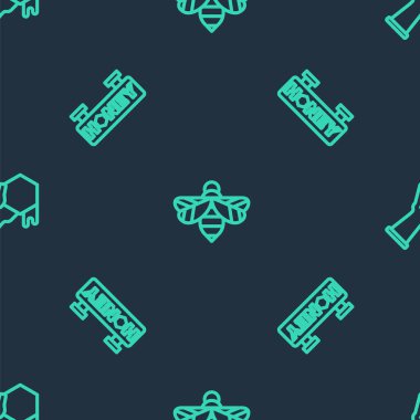 Çizgi Arı, bal peteği ve bal peteği ile asılma işareti ve kusursuz desen. Vektör.