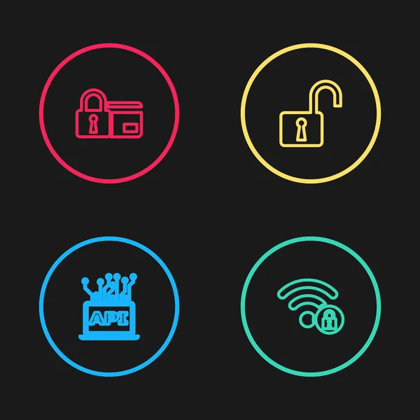 Définir Ligne Interface Api Ordinateur Wifi Verrouillé Ouvrir Cadenas Carte — Image vectorielle