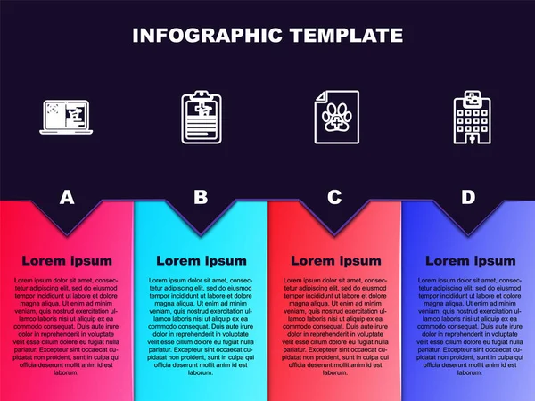 在笔记本电脑 猫和兽医医院的医疗证明上设置临床记录犬 业务信息模板 — 图库矢量图片