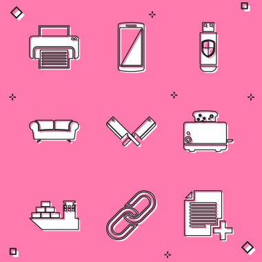 Yazıcı Smartphone cep telefonu USB flaş belleği ve Kanepe Çarpraz Et Helikopteri ve tost makinesini tost simgesiyle donatın. Vektör.