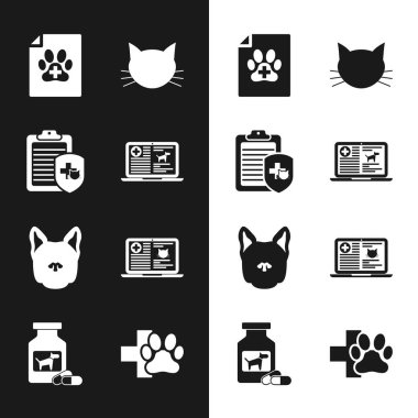 Klinik kayıt köpeğini kedi kedi köpek ve ikon için dizüstü bilgisayarda tıbbi sertifikaya ayarla. Vektör.
