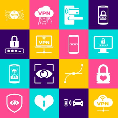 VPN Network bulut bağlantısını kalp monitörü şifresi dijital kapı kablosuz bilgisayar ağı ve parola koruma simgesi ile ayarla. Vektör.
