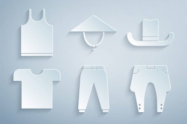 Spor pantolonu şapkalı adam tişörtü Asya konisi ve kolsuz simgesi. Vektör.