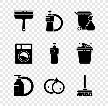 Plastik temizleyiciyi, bulaşık deterjanı, bulaşık deterjanı ve bulaşık deterjanı için hazırla. Vektör.