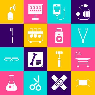 Medikal koruyucu maske ameliyat masası cımbızını, test tüpünü, diş fırçası oksijen tüpünü ve Organ kabı ikonunu hazırlayın. Vektör.