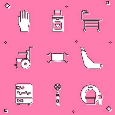 Tıbbi kauçuk eldivenleri, engelli insan maskesi solunum cihazını kardiyogram ve elektrikli diş fırçası ikonu ile izlemek için ameliyat masası tekerlekli sandalyesini hazırlayın. Vektör.