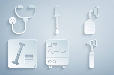 Monitörü kardiyogram, tıbbi oksijen maskesi röntgen görüntüleri otoskop aleti Pipette ve stetoskop ikonu ile ayarla. Vektör.