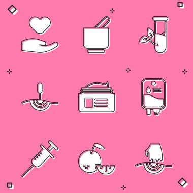 Havan topuzu laboratuvar camı, Akupunktur terapisi krem tüpü enjektörü ve Citrus meyve ikonu bırakır. Vektör.