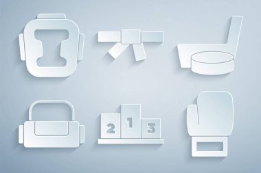 Spor ödüllerini buz hokeyi sopası ve kask ikonu ve boks eldiveni Black karate kemeri ile belirle. Vektör.