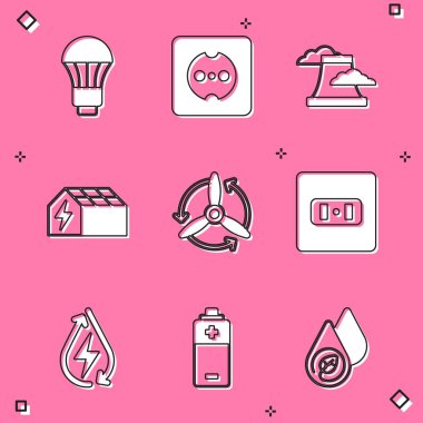 LED ampulü elektrik prizi nükleer enerji santrali güneş enerjisi paneli rüzgar türbini su ve pil ikonunu ayarla. Vektör.