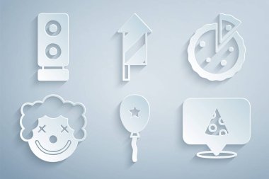 Balon 'u Ev Yapımı Palyaçosu Ev Yapımı Turta Kafa Pizza Fişeği Roketi ve Stereo hoparlör ikonu ile hazırla. Vektör.