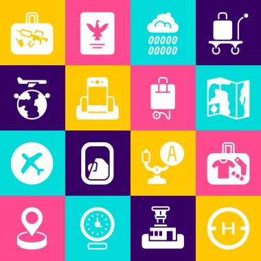 Helikopter iniş pisti Bavulu Dünya Seyahat Haritası Bulutu 'nu yağmur metali dedektörü havaalanı Globe' un uçan uçağı ve ikonu ile ayarla. Vektör.