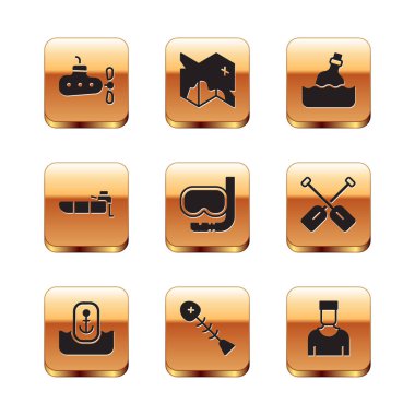 Denizaltı konumunu ölü balık dalış maskesi ve şnorkelle yüzen şişme bot motoru ile ayarlayın. Mesaj su denizcisi kaptanı ve korsan hazine haritası simgesi. Vektör.