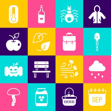 Eylül ayının sonbahar bulutunu yağmur küreği, örümcek yaprağı elma termometresi ve okul sırt çantası ikonu ile ayarla. Vektör.