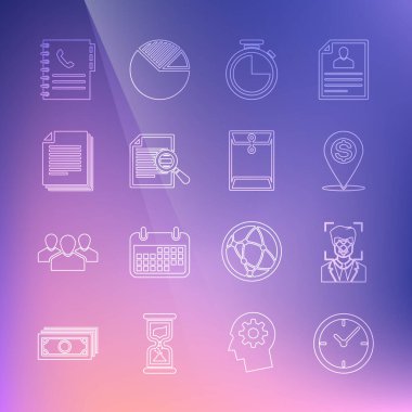 Clock Face tanımlama satırı Cash konumu rozeti Arama Telefon rehberi ve Zarf simgesi ile Stopwatch Document ayarlayın. Vektör.