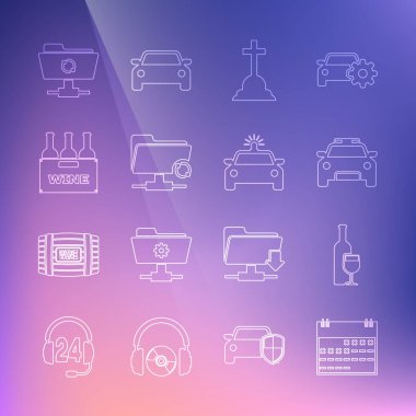 Takvim şarap şişesini cam polis arabası ve teşhirci Tombstone haçı FTP senkronizasyon tazeleyici şarap kutusu ve ikon ile ayarla. Vektör.