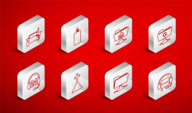 Konuşma balonu yakan FTP dizin yükleme eşzamanlı elektrikli araba Tombstone haçı ve destek simgesi için kulaklıkları ayarlayın. Vektör.