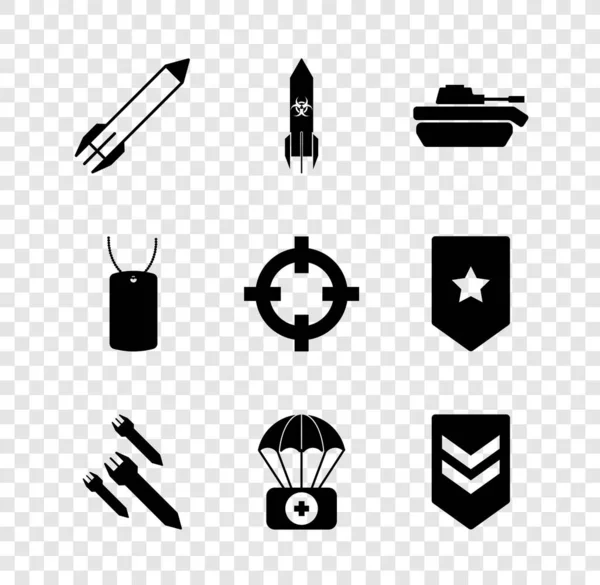 Set Rocket Biohazard Rocket Military Tank Parachute First Aid Kit — Stock Vector