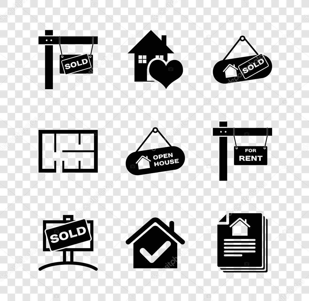 Set Hanging sign with Sold House heart shape check mark contract plan and Open house icon. Vector.