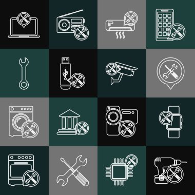 Sondaj makinesi hizmeti, Smartwatch Konum Kliması USB USB flaş sürücüsü, Wrench Laptop ve güvenlik kamerası simgesi ayarla. Vektör.