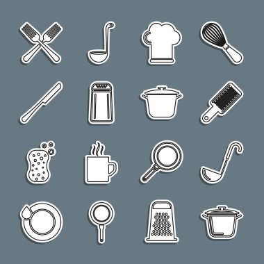 Mutfak kepçesi ızgara ızgara aşçı şapkası tuzluk ve biber bıçağı çapraz çatal ve ikon. Vektör.